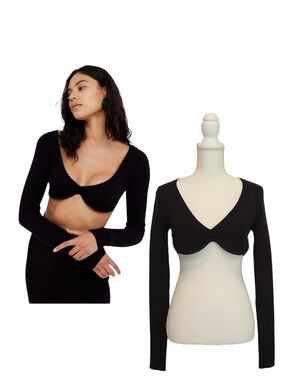 NWT For Love & Lemons Jourdin Black Ribbed Knit Sweetheart Ultra Crop Top Medium